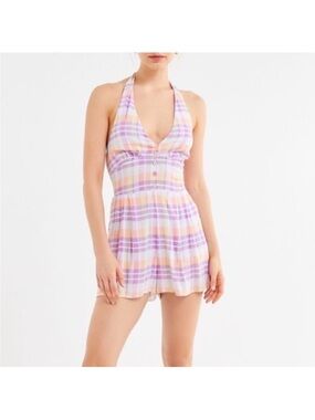 Urban Outfitters Pastel Plaid Halter Mini Dress in Lavender and Peach